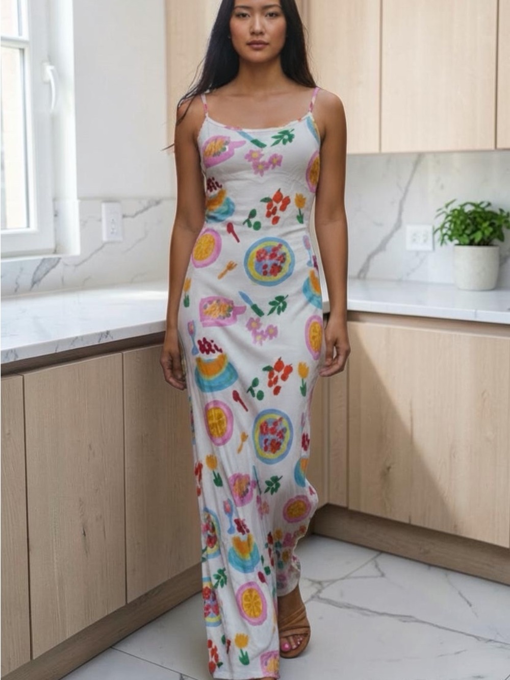 Princess Polly White Maxi Slip Dress with Multicolor Floral & Fruit Print